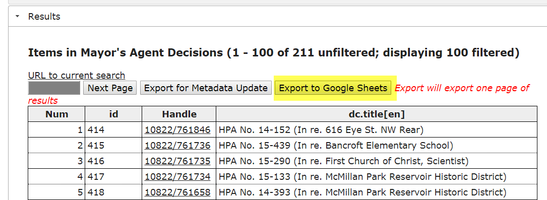 Screenshot: Export to Google Sheets Example